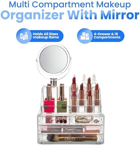 Masirs Clear Makeup Organizer with Mirror – 16-Compartment Cosmetic and Jewelry Holder, 4-Drawer Vanity Storage, Elegant Clear Design for Makeup and Accessories
