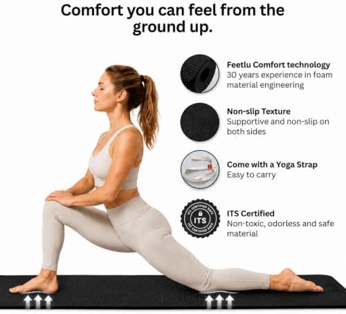 Extra Thick 12mm Exercise Mat, 74" x 26", Non-Slip with a Yoga Strap