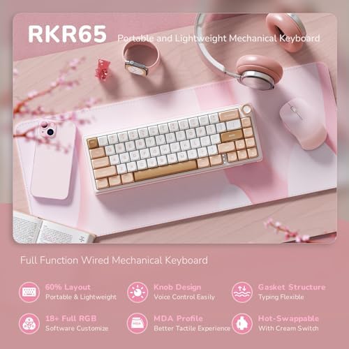 RK ROYAL KLUDGE R65 Wired Mechanical Keyboard with Volume Knob, 60% Percent RGB Backlit Gasket Mount Gaming Keyboard with PBT Keycaps, MDA Profile, QMK/VIA, 66 Keys Hot Swappable Cream Switch, Pink