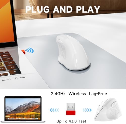 memzuoix Ergonomic Wireless Mouse, 2.4G Optical Cordless, 800/1200/1600 DPI, Vertical Computer Mouse for Laptop, Mac, PC, Desktop (Right Hand, Large) - White