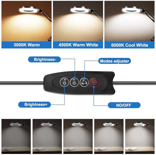 10X Magnifying Glass with Light and Clamp, Real Glass Lens, Adjustable Swing Arm, 3 Color Modes, Stepless Dimming LED Magnifying Lamp for Reading, Crafts, Soldering, Sewing & Close Work