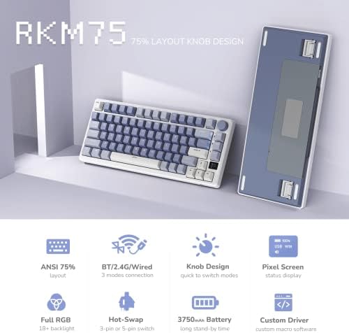 RK ROYAL KLUDGE M75 Mechanical Keyboard with OLED Smart Display and Volume Knob, 2.4G/USB-C/BT Gasket Mounted 75% Layout Wireless Gaming Keyboard with 81 Keys, RGB Backlit Hot-Swappable Brown Switch