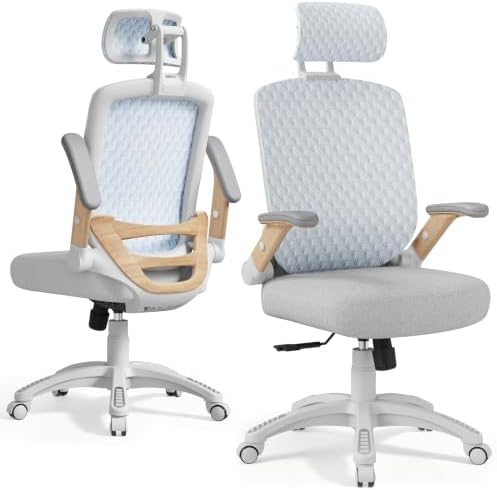 Ergonomic Office Chair, High Back Home Desk Chair with Flip-Up Arms, 3D Headrest, 90-120° Tilt and Wide Cushion Seat, Big and Tall Computer Chairs for Man Woman, Mesh Chair Black Woodgrain