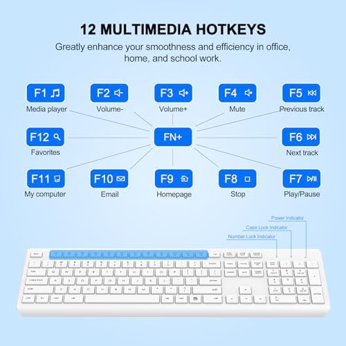 Wireless Keyboard and Mouse Combo, Full Size Silent Ergonomic Keyboard and Mouse, Long Battery Life, Optical Mouse, 2.4G Lag-Free Cordless Mice Keyboard for Computer, Mac, Laptop, PC, Windows(White)