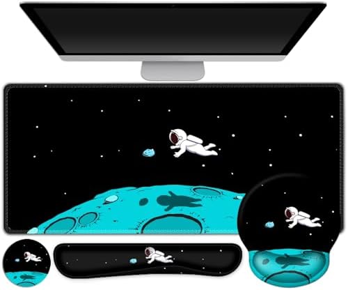 Gaming Mouse Pad, Large Desk Mat, Cute Desk Pad Protector, 4in1 XXL Mousepad + Keyboard Wrist Rest+Mouse Wrist Rest+Coaster Set with Ergonomic Desk Pad for Home Office PC Computer, Cool Space Alien