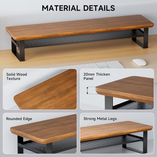 Dual Monitor Stand, 35.4 Inch Monitor Stand Riser for 2 Monitors, 2 Tiers Wood Desk Shelf with Storage, Desktop Organizer Stand for Computer, Laptop, Printer, TV