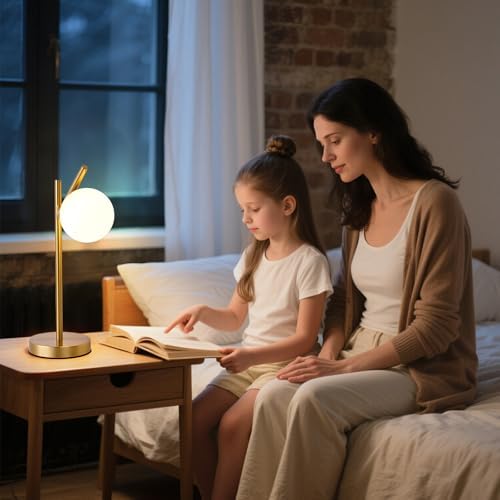 Gold Table Lamp, White Glass Globe lamp Mid Century Modern Bedside lamp Soft Glow Bedside Nightstand Light for Bedroom Living Room Study Office