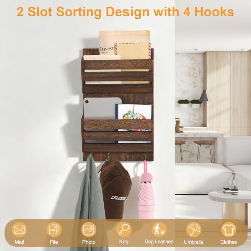 MOOACE Mail Organizer Wall Mount, Wood Mail and Key Holder with Hooks