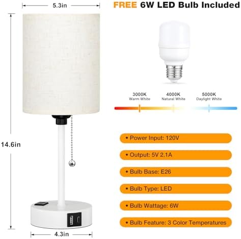 Small Bedside Table Lamp for Bedroom, Desk Lamp with USB Ports for Dorm