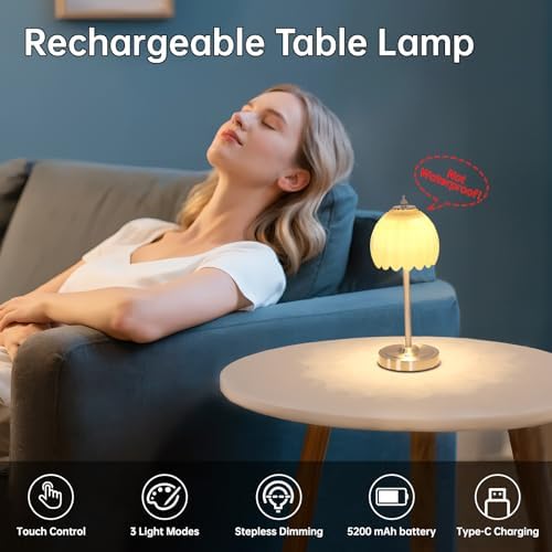 Shenmoyl Tulip Table Lamp with 5200mAh Battery & Touch Control, Cordless Small Table Lamp with 3 Colors, Dimmable Rechargeable Table Lamps for Living Room, Bedroom, Desk, Bedside (Creamy Yellow Tulip)