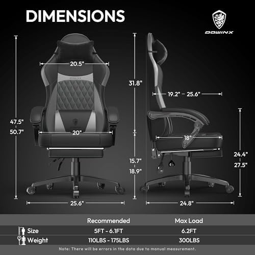 Dowinx Gaming Chair with Pocket Spring Cushion, Ergonomic Computer Chair with Massage Lumbar and Footrest for Adults, High Back Game Chair Leather for Office Gaming 300LBS, Grey New