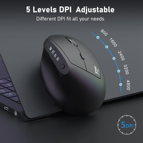 Redragon Ergonomic Mouse, Bluetooth Rechargeable Wireless Vertical Mouse, 3 Multi-Device Connectivity for Computer/PC/Laptop, 500mAh Battery, 2.4GHz USB-A Optical Mice for Windows, Mac OS, Black