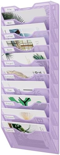 EasyPAG 10 Pocket Mesh Wall File Organizer, Hanging Paper Folder Holder with Classify Label, Vertical Wall Mount Mail Organizer for Office Home Classroom, Purple