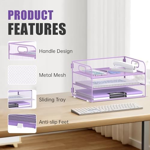 DALTACK 3 Tier Paper Organizer for Desk, Sliding Paper Trays, Purple