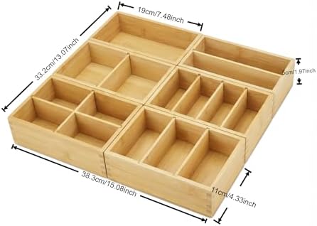 Bamboo Drawer Organizer with Removable Dividers, Fits Kitchens, Bathrooms, Desk, Utensil, Makeup (Natural, S)