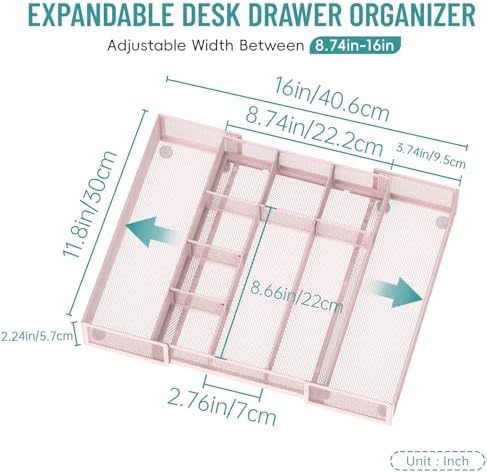Expandable Desk Drawer Organizer, 10 Adjustable Compartments, Pink