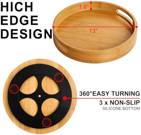 Wooden Lazy Susan Organizer for cabinet-12 Inch Bamboo Kitchen Turntable Organizer with Double Handles-Large Bamboo Lazy Susan for Table Top, Countertop, Cabinet, Pantry, Dining Table