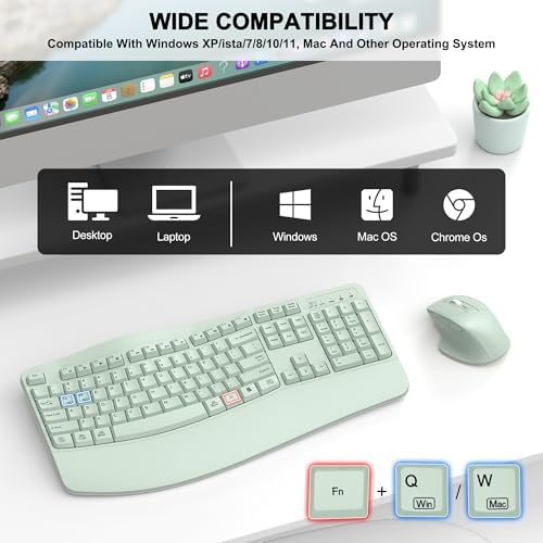 Wireless Keyboard and Mouse Combo, 2.4G Ergonomic Wave Key(Avocado Green)