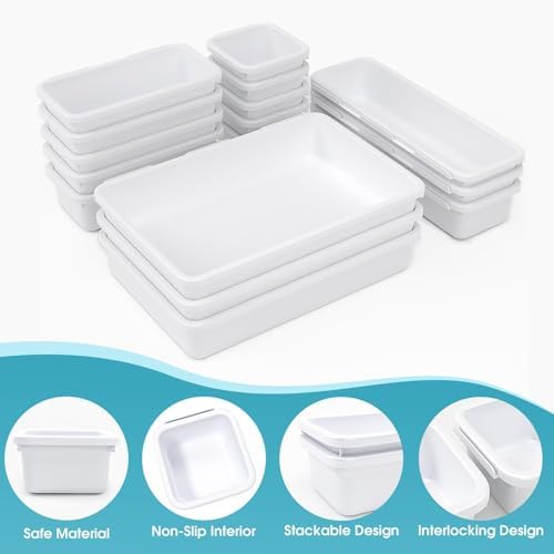 16 PCS Drawer Organizer Set, 4 Size Makeup Drawer Divider Organizer With Non-Slip Pads, Interlocking Plastic Storage Bins for Office,Jewelry Vanity,Gadgets, Bathroom,Kitchen, White