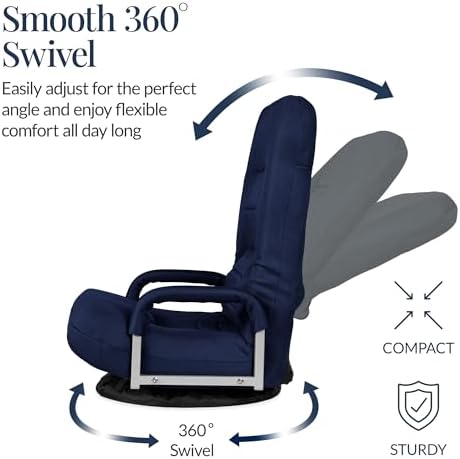 Best Choice Products Swivel Gaming Chair 360 Degree Multipurpose Floor Chair Rocker for TV, Reading, Playing Video Games w/Lumbar Support, Armrest Handles, Adjustable Foldable Backrest - Navy