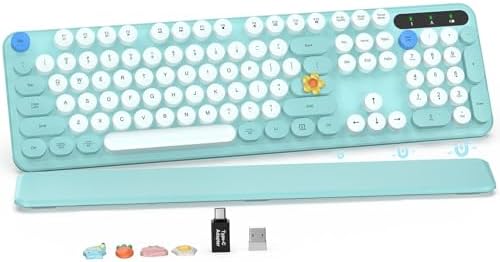 Wireless Keyboard, Round Keycaps, Retro Typewriter Keyboard with Detachable Wrist Rest, Sleep Mode, Foldable Legs, 2.4GHz Full-Size Cordless Computer Keyboard for Windows/PC/Laptop (Tiffany Blue)