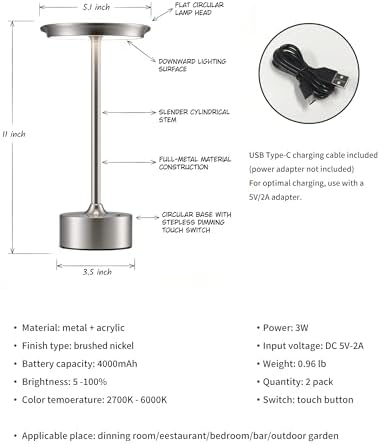 PUSU Rechargeable Table Lamps Set of 2, Nickel Cordless Portable Desk Lamp