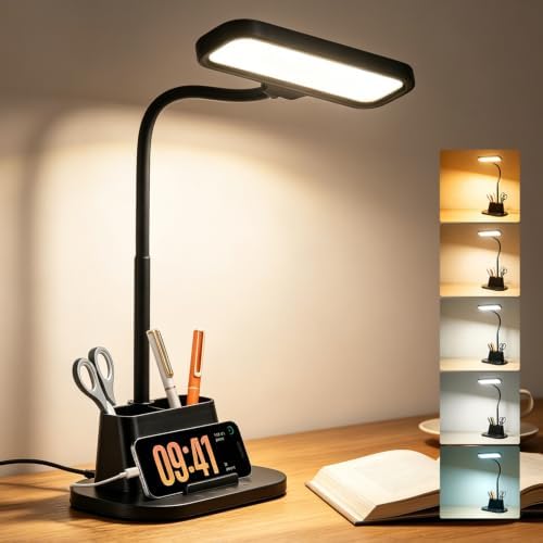 LED Desk Lamp for Dorm Small Desk Lamp with Pen Holder 5 Color Modes Black