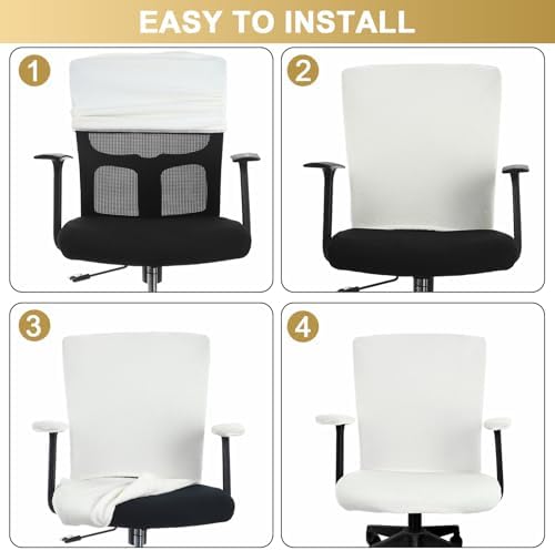 4 Pcs Office Chair Covers Pads Set, Square High Back, Cream, Lamb Fleece