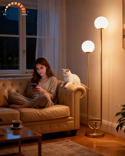 63IN Dimmable Floor Lamp with Shelf, Unique Globe Gold Tall Standing Lamps with 2 Bulbs, 3000K Warmwhite Mid Century Modern Floor Lamp with 5Lbs Heavy Base for Living Room/Bedroom