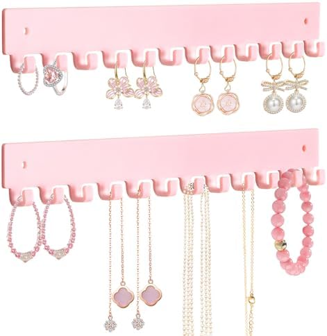 Acrylic Necklace Holder 2 Pack Wall Mounted Necklace Organizer Hanging Jewelry Organizer with 12 Hooks for Necklaces, Bracelets, Rings and Bangles Display Pink