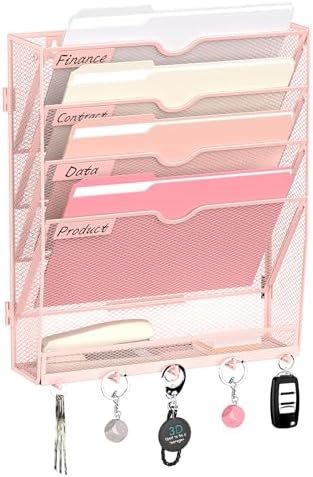 5-Tier Wall File Organizer and Mail Organizer with 5 Hooks, Pink