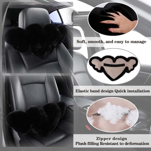 2 Pack Heart Shaped Plush Car Neck Pillows, Soft Car Headrest Cushion for Driving Travel Office Chair, Cute Cars Interior Decor Accessories for Women Girls(Black)