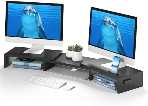BONTEC Dual Monitor Stand Riser, Adjustable Length & Swivel Angle, Black