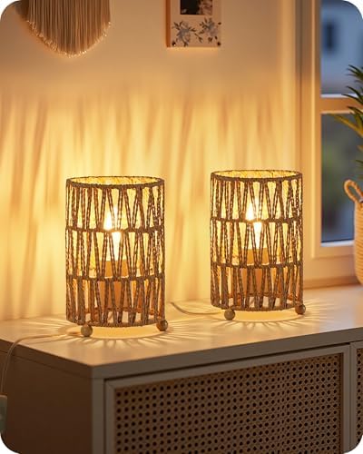 Small Boho Table Lamps Set of 2, Boho Rattan-Style Bedside Lamps