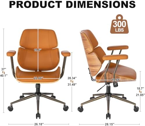 Mid Century Walnut Bentwood PU Leather Office Chair with Arms, Brown