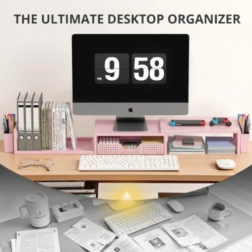 OPNICE Desk Organizers and Accessories, Dual Monitor Stand Riser with Drawer and 2 Pen Holders, Desk Shelf Printer Stand for Office Workspace Organizers, Desktop Organization (Light Pink)