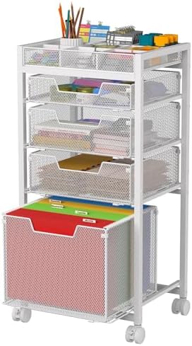 Rolling File Cart with 4 Storage Drawers, Under Desk Filing Cabinet with DIY Divider, Hanging File Folder Organizer on Wheels, Fits A4/Letter Size, Metal Utility Cart for Home Office, White