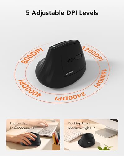 KYSONA Ergonomic Mouse Wireless, Bluetooth Vertical Mouse, 5-Level Adjustable DPI, 2.4G Silent Switch Mice for Windows, MacOS, IPadOS, Laptop, PC, Black