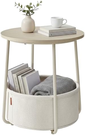 SONGMICS HOME Small Side Table, Round End Table, 2 Tier Nightstand with Basket, U Shaped Steel Legs, Easy Assembly, for Living Room, Bedroom, Beige and White
