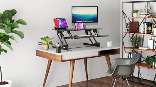 Mount-It! 38 Inch Standing Desk Converter - Gas Spring Sit Stand Desk Riser for Dual Monitors - Height Adjustable Desktop Workstation with Keyboard Tray - Black