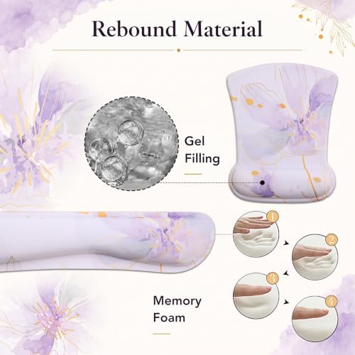 Scalloped Desk Mat 4-in-1 Set, XXL Large Wave Edge Mouse Pad with Gel Wrist Rest, Memory Foam Keyboard Wrist Rest & Coaster, Watercolor Floral Aesthetic Desk Pad for Women