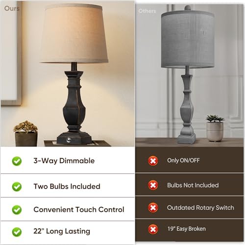 ROTTOGOON Dimmable Table Lamps Set of 2, Rustic Farmhouse Table Lamps for Living Room Bedroom, Bedside Desk Lamps for end Tables, Touch Lamps for nightstand, 9W Bulbs Included, 22", Black