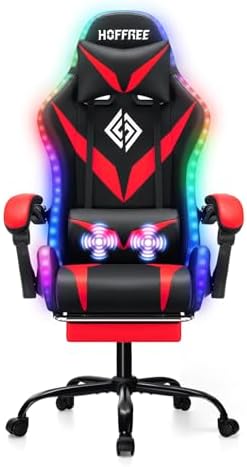 HOFFREE LED Gaming Chair with Speakers RGB Lights Computer Chairs-Red