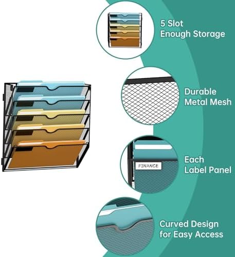 SUPEASY 5 Tier Wall File Organizer, Hanging Wall Mounted Mail Organizer with Label Slots, Metal Mesh File Holder Magazine Rack for Office, Home, School or Classroom, Black