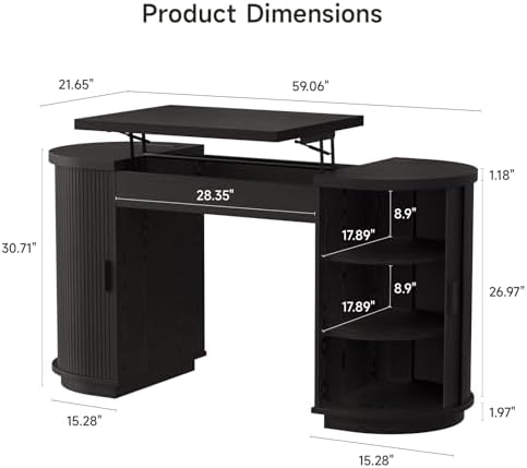 ONBRILL 59 Inches Office Desk with Lift Top, Fluted Executive Desk Black