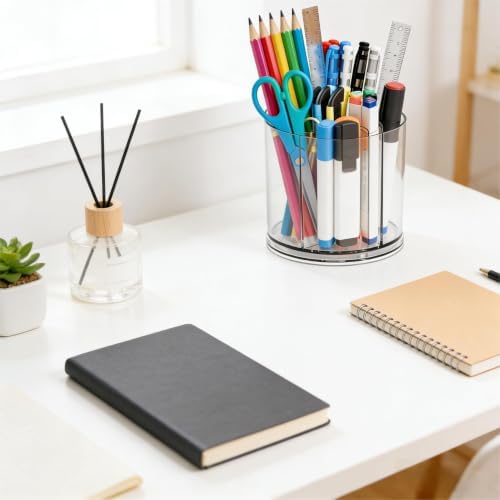 Yieach 360 Rotating Acrylic Clear Pen Holders and Pencil Cups for Desk,Small Cute Desk Organizers Accessories and Makeup Brush Holder,Spinning Pencil Caddy School Supplies Organizer for Teacher,1PCS