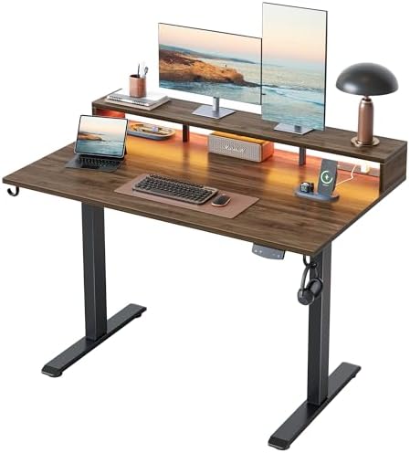 Klicelor Electric Standing Desk with Shelf, 48 Inch Height Adjustable Desk with Power Outlets & LED, Sit Stand Up Table with Monitor Stand, Computer Workstation for Home Office, Dark Walnut