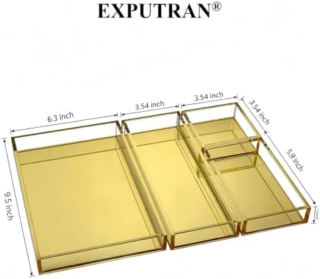 Gold Acrylic Desk Organizer for Office or Home Desk Drawer Dividers, Makeup Vanity Storage Bins, Stackable 4-Pack, Acrylic Accessory and Half Accessory Tray/Small Tray