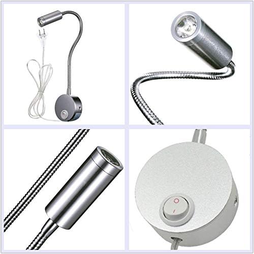 3W Wall Mounted Reading Light Flexible Gooseneck LED Sconce Lamp with Plug & Switch for Bedroom, Office, Workbench, Studio (01 Silver Cool)