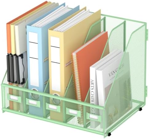 SUPEASY Desk Organizers Metal Desk Magazine File Holder with 5 Vertical Compartments Rack File Organizer for Office Desktop, Classroom, Home Workspace, Green, Plus